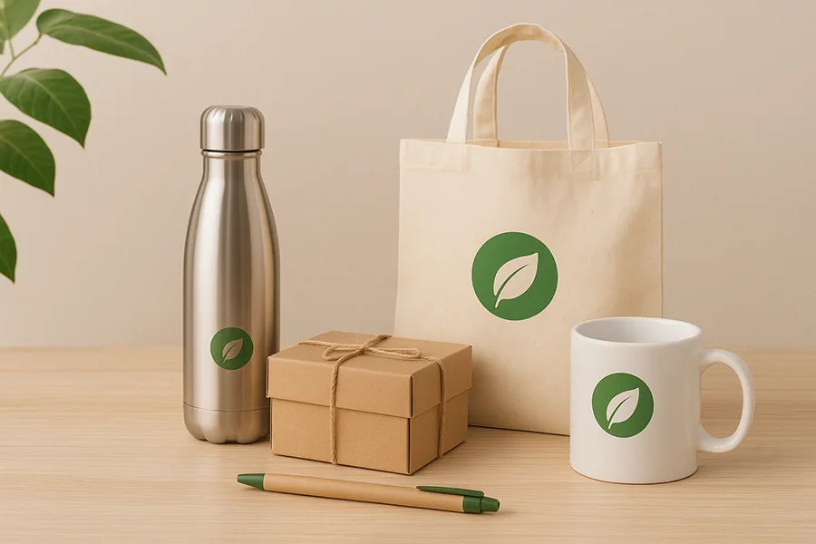 regalos ecologicos para empresas Regalos de empresa sostenibles y packs de bienvenida ecológicos: botellas de acero inoxidable, libretas de corcho natural y bolígrafos de bambú de Ecoidentifica sobre fondo neutro
