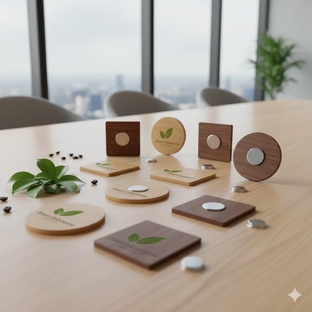 Identificadores sostenibles y badges de madera con certificación FSC y metal reciclado para identificación corporativa.