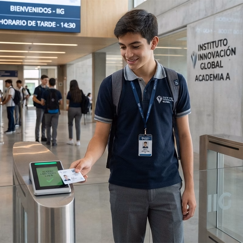 Alumno utilizando una tarjeta RFID en un lector de acceso.