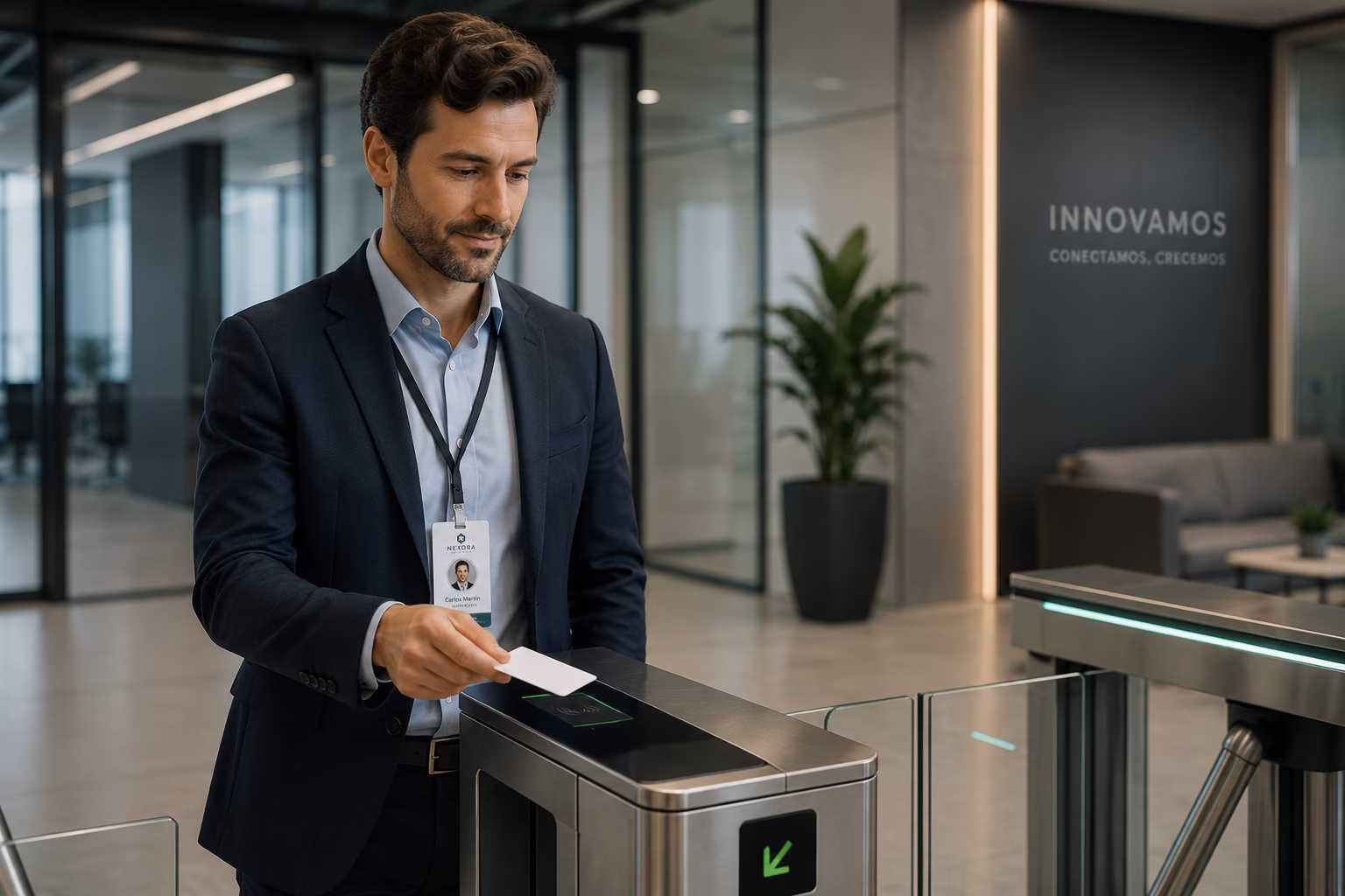 Empleado utilizando una tarjeta RFID para acceder a una oficina.