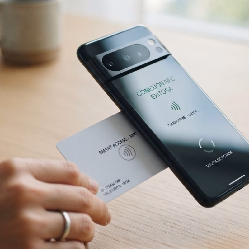 Smartphone interactuando con una tarjeta NFC.